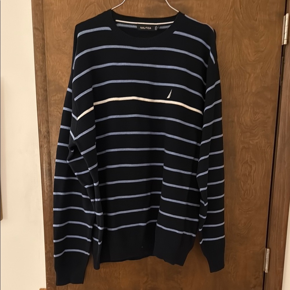Nautica Men's Navy and Light Blue Striped Crewneck Sweater